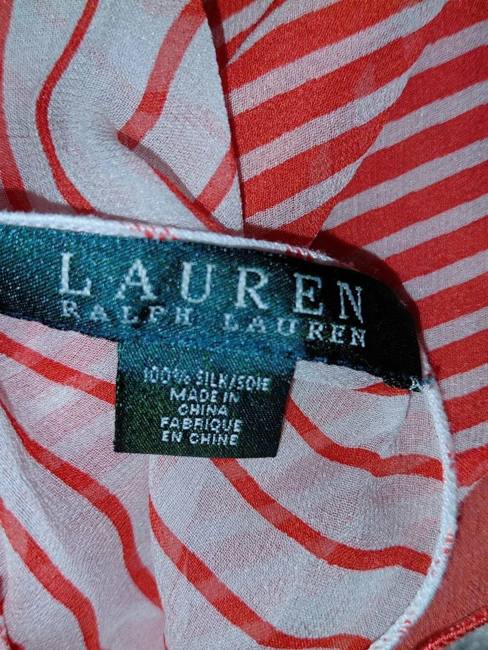 Lauren Ralph Lauren Silk Skinny Scarf Orange White Striped Ruffle 55” Preppy CC